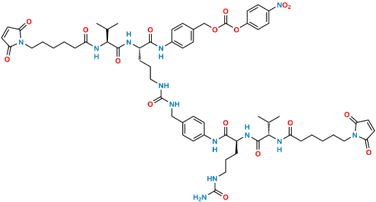 Picture of 4-((S)-2-((S)-2-(6-(2,5-dioxo-2,5-dihydro-1H-pyrrol-1-yl)hexanamido)-3-methylbutanamido)-5-(3-(4-((S)-2-((S)-2-(6-(2,5-dioxo-2,5-dihydro-1H-pyrrol-1-yl)hexanamido)-3-methylbutanamido)-5-ureidopentanamido)benzyl)ureido)pentanamido)benzyl (4-nitrophenyl) carbonate