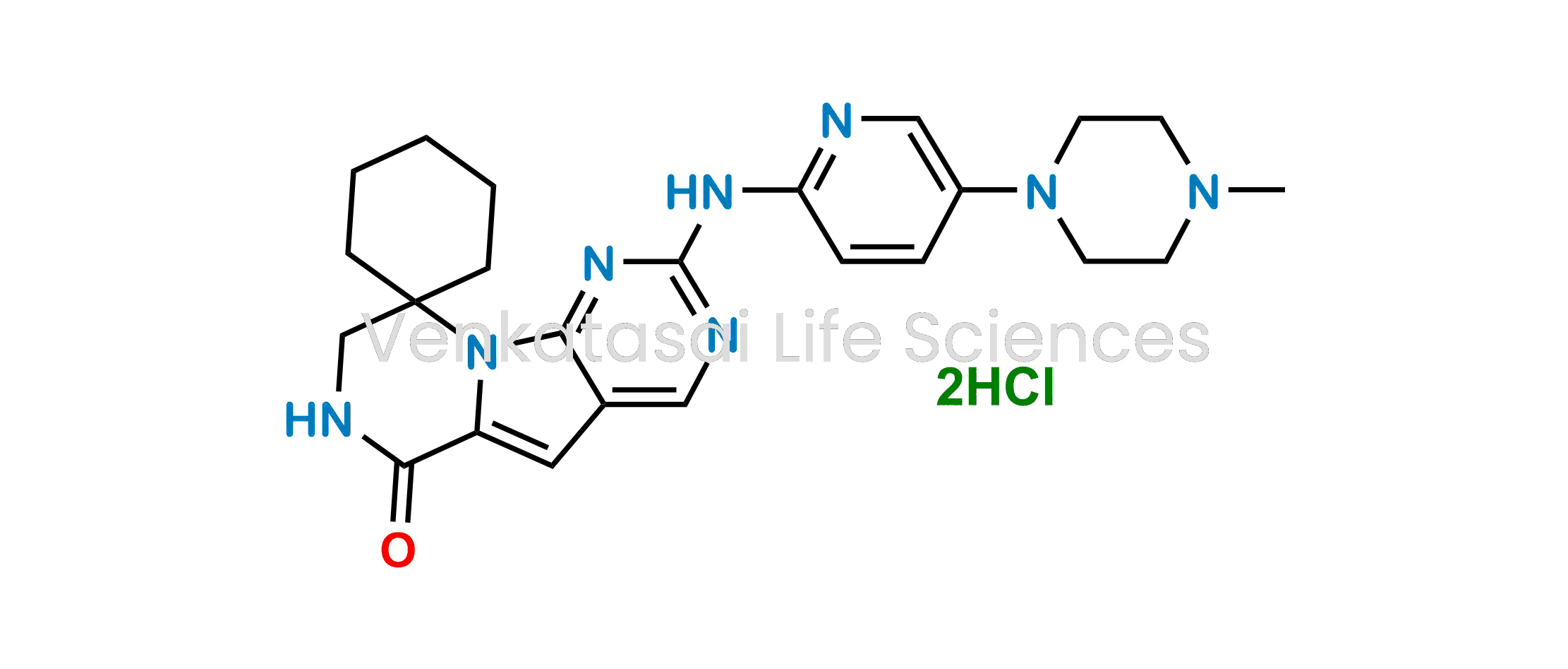 Picture of 2'-((5-(4-methylpiperazin-1-yl)pyridin-2-yl)amino)-7',8'-dihydro-6'H-spiro[cyclohexane-1,9'-pyrazino[1',2':1,5]pyrrolo[2,3-d]pyrimidin]-6'-one Dihydrochloride