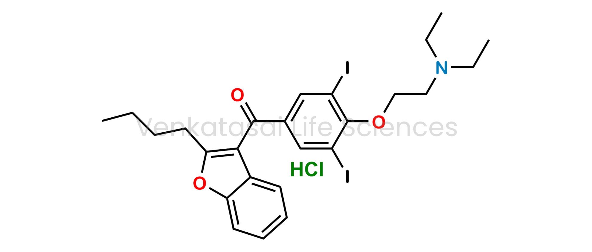 (2-Butyl-3-benzofuranyl)[4-[2-(diethylamino)ethoxy]-3,5-diiodophenyl]methanone Hydrochloride; 4-[2-(Diethylamino)ethoxy]-3,5-diiodophenyl 2-butyl-3-benzofuranyl Ketone Hydrochloride; Amiodar; Amiodaronum Hydrochloride; Ancoron; Angiodarona; Atlansil; Cord