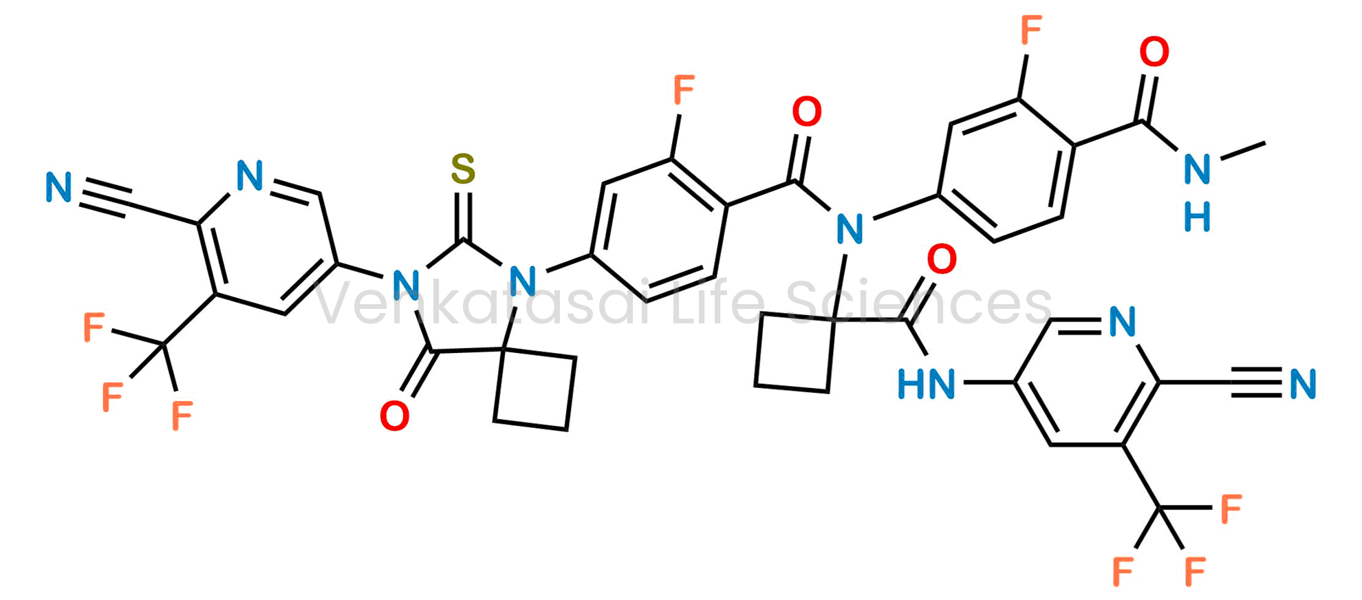 4-(7-(6-cyano-5-(trifluoromethyl)pyridin-3-yl)-8-oxo-6-thioxo-5,7-diazaspiro[3.4]octan-5-yl)-N-(1-((6-cyano-5-(trifluoromethyl)pyridin-3-yl)carbamoyl)cyclobutyl)-2-fluoro-N-(3-fluoro-4-(methylcarbamoyl)phenyl)benzamide