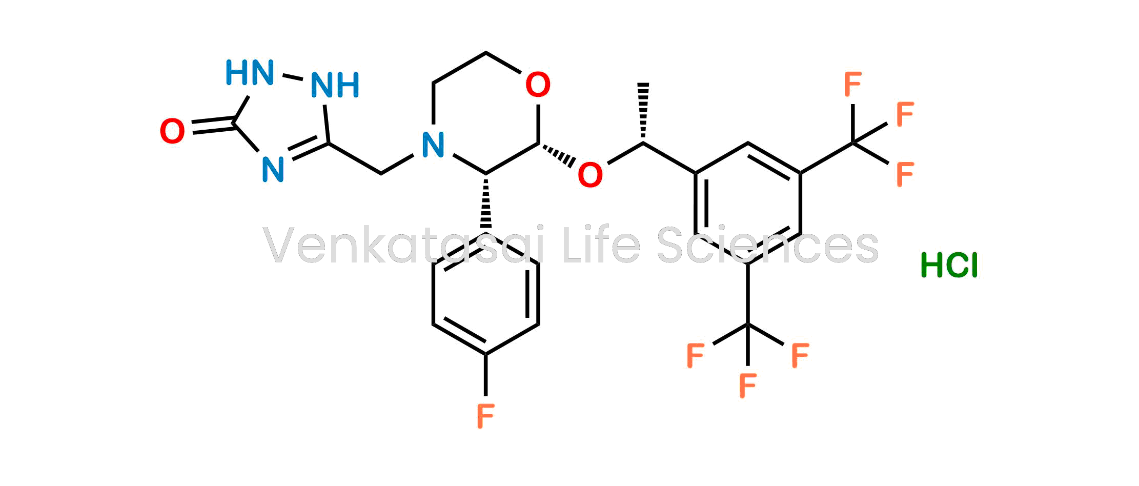 5-[[(2R,3S)-2-[(1R)-1-[3,5-Bis(trifluoromethyl)phenyl]ethoxy]-3-(4-fluorophenyl)morpholin-4-yl]methyl]-1,2-dihydro-3H-1,2,4-triazol-3-one hydrochloride (as per EP) ; (3-[[(2R,3S)-2-[(R)-1-[3,5-Bis(trifluoromethyl)phenyl]ethoxy]-3-(4-fluorophenyl)morpholin