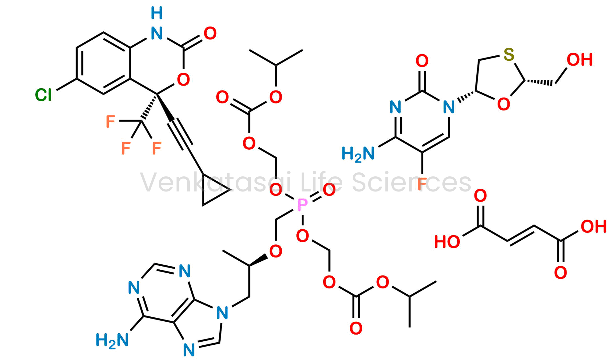 fumaric acid compound with (R)-(((((1-(6-amino-9H-purin-9-yl)propan-2-yl)oxy)methyl)phosphoryl)bis(oxy))bis(methylene) diisopropyl bis(carbonate) and (S)-6-chloro-4-(cyclopropylethynyl)-4-(trifluoromethyl)-1,4-dihydro-2H-benzo[d][1,3]oxazin-2-one and 4-am