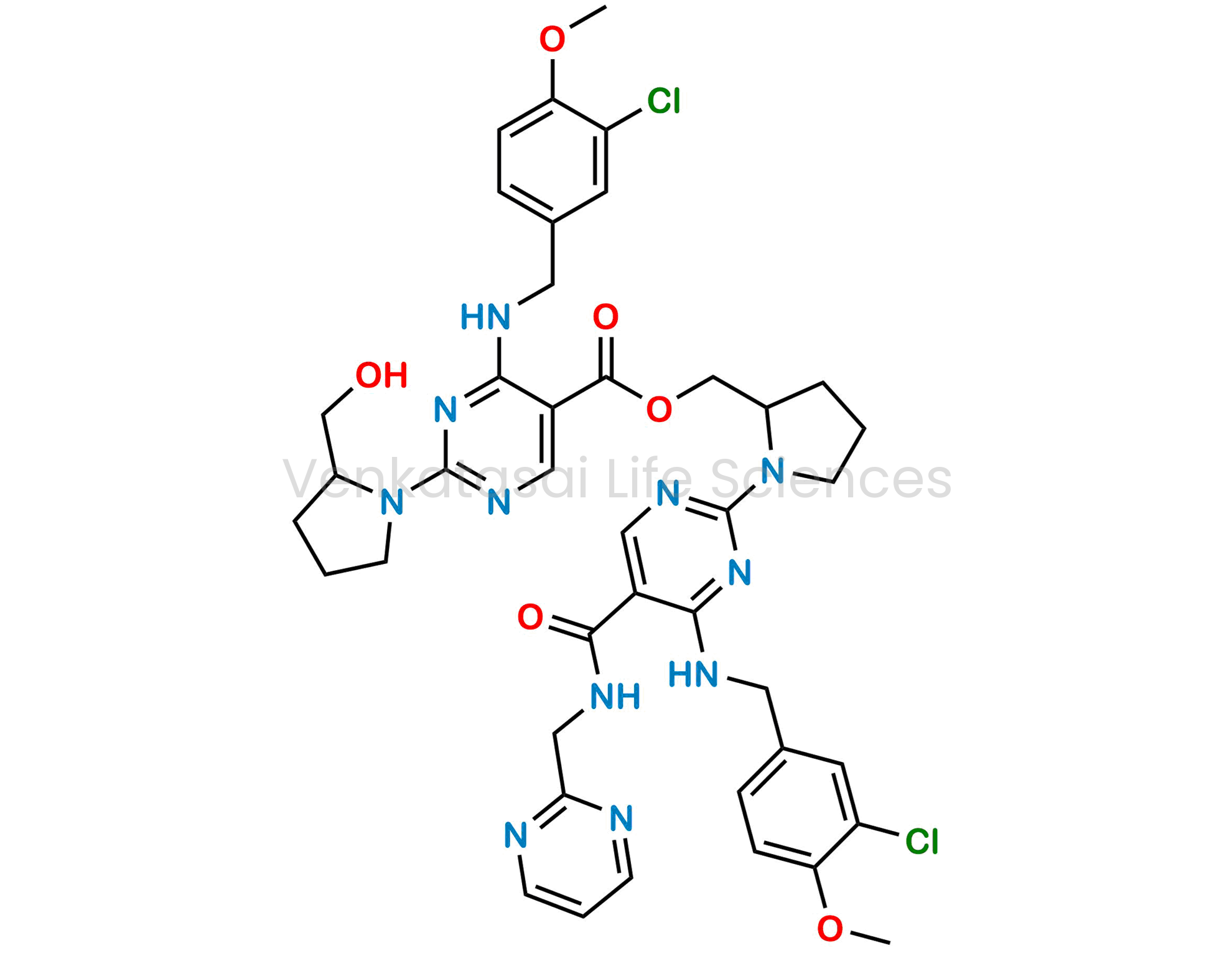 (1-(4-((3-chloro-4-methoxybenzyl)amino)-5-((pyrimidin-2-yl methyl)carbamoyl)pyrimidin-2-yl)pyrrolidin-2-yl)methyl 4-((3-chloro-4-methoxy benzyl)amino)-2-(2-(hydroxymethyl)pyrrolidin-yl)pyrimidine-5-carboxylate