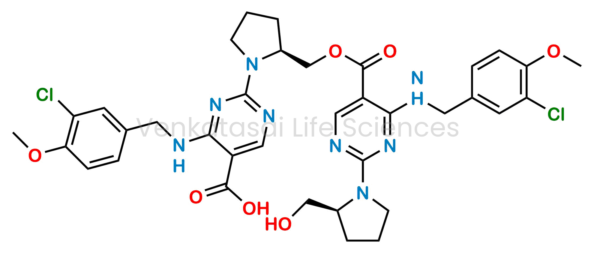 4-((3-chloro-4-methoxybenzyl)amino)-2-((S)-2-(((4-((3-chloro-4-methoxybenzyl)amino)-2-((S)-2-(hydroxymethyl)pyrrolidin-1-yl)pyrimidine-5-carbonyl)oxy)methyl)pyrrolidin-1-yl)pyrimidine-5-carboxylic acid